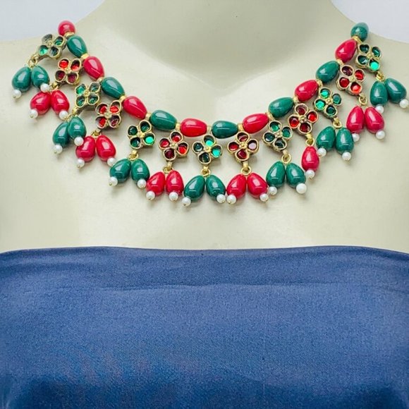 Red and Green Beaded Statement Choker Necklace, Handmade Stylish Ethnic Necklace - Picture 1 of 8